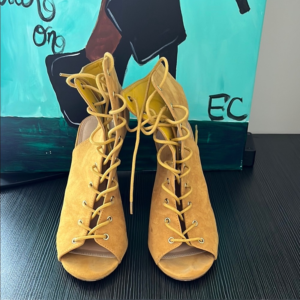 Yellow Lace-Up Boots with Open Toe Design